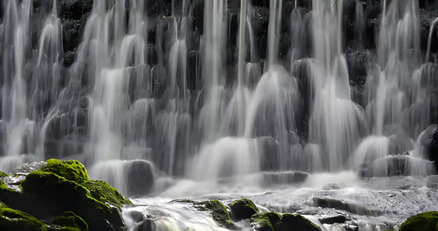 A serene waterfall cascading over rocks surrounded by lush greenery.